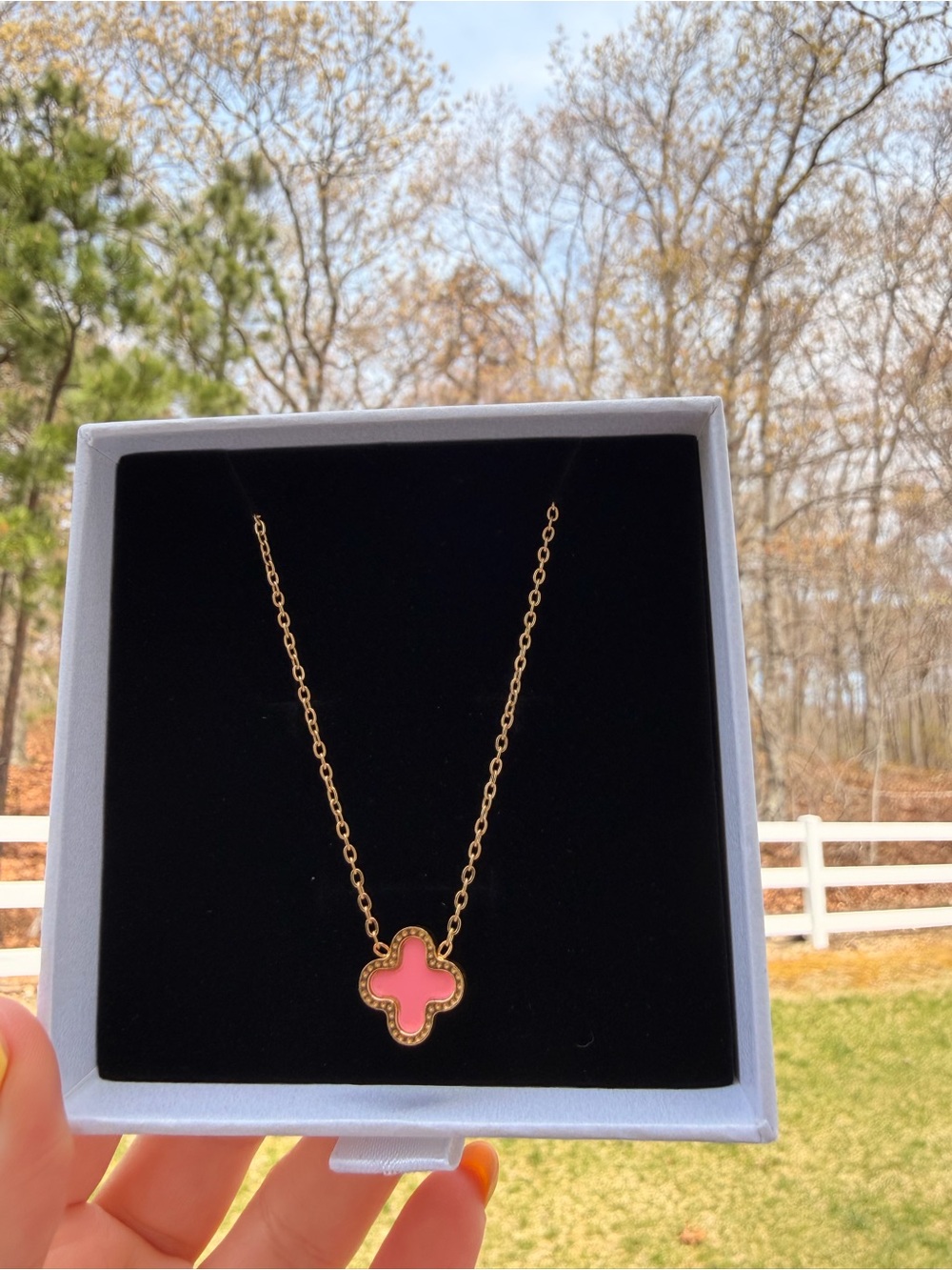 Gold Chain Necklace with Pink Clover Pendant